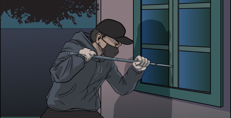 Illustration of burglar forcing entry through a window in Indianapolis